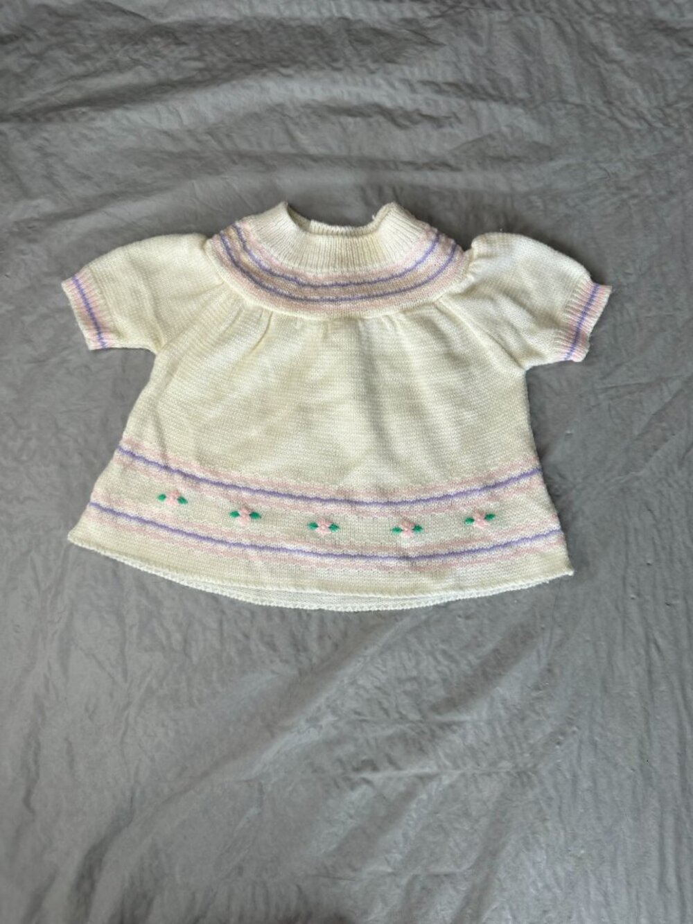 Hand-Knit Baby Sweater Dress With Pastel Floral Design & Stripes Short Sleeve Cr
